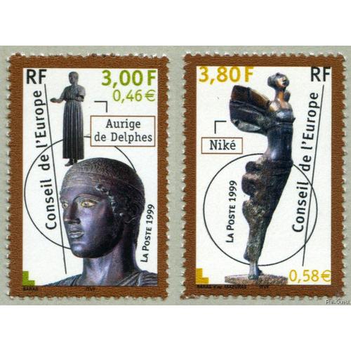 France 1999, Très Beaux Timbres De Service Du Conseil De L'europe, Neufs** Luxe Yvert 120 L'aurige De Delphe Et 121, Statue De L'artiste Petras Mazuras Intitulée « Niké », Qui Signifie "Victoire".