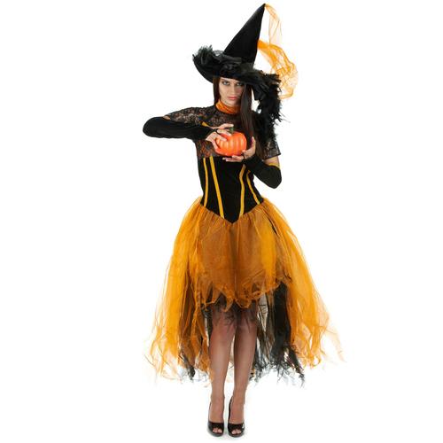 Déguisement Sorcière Dentellée Orange Femme Halloween - Taille: Medium