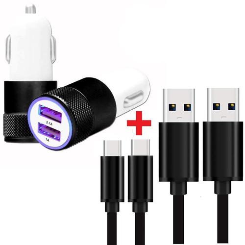 Super Pack Chargeur Auto + C?Ble Compatible Huawei Enjoy 70z Chargeur Auto Ultra Puissant Et Rapide 2x Usb 5v / 2,1a + 1a Et 2 C?Bles Usb Type C 1 M?Tre Transfert De Donn?Es - Noir