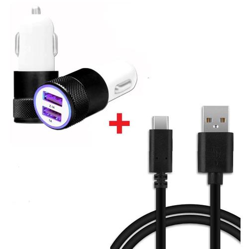 Super Pack Chargeur Auto + C?Ble Compatible Huawei Enjoy 70z Chargeur Auto Ultra Puissant Et Rapide 2x Usb 5v / 2,1a + 1a Et C?Ble Usb Type C 1 M?Tre Transfert De Donn?Es - Noir