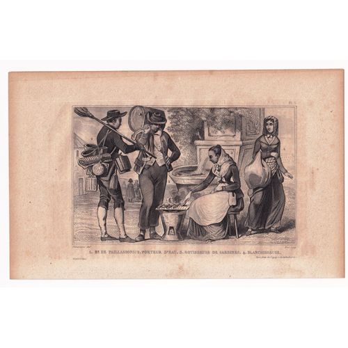 Gravure 1840 Portugal Marchand De Paillasson Porteur D'eau Rôtisseuse De Sardines Blanchisseuse