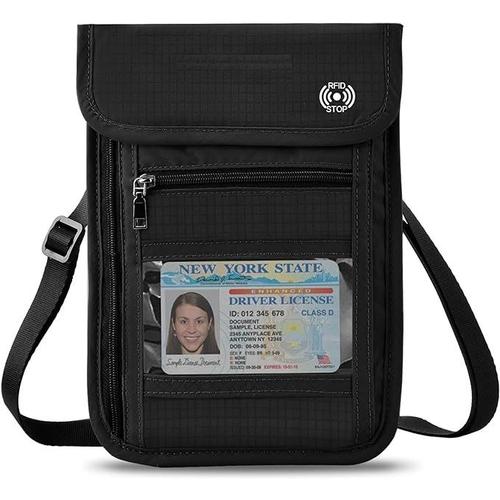 NOIR Pochette Tour de Cou De Voyage Imperméable anti RFID -Téléphone, Passeport carte d’identité biométrique, Carte bancaire