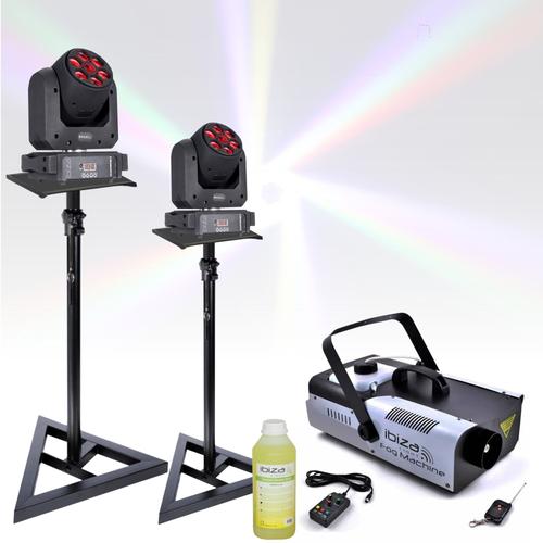 Pack de 2 Lyres DMX LED RGB E-BEEDREAM100 Ibiza Light 100W - 2 pieds Supports SST02 - Machine Fumée 900W - Anniversaire Dj Pro