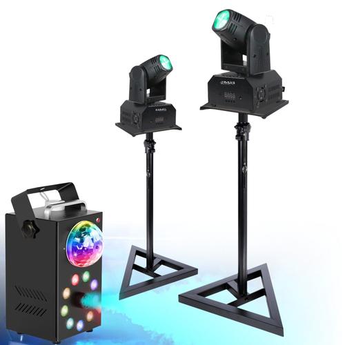 Pack de 2 Lyres DMX Ibiza Light LMH250-RC Spot 10W - 2 pieds Supports SST02 - Machine Fumée 700W Par Astro - Fête soirée Anniversaire