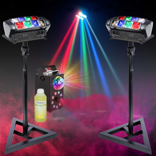 Pack 2 Jeux Lumière Spyder RGBW Ibiza Light LED8-MINI - 2 pieds Supports SST02 - Machine Fumée 700W LEDS RGB - Dj Soirée Fête
