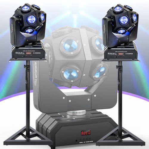 Pack 2 Lyres Beam Infinies DMX Ibiza Light E-COSMOS 4-en-1 12x10W - 2 Pieds Supports - Soirée Anniversaire Dj Fête Pro Mariage