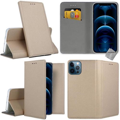 Housse Etui Coque Pochette Portefeuille Pour Apple Iphone 12 / 12 Pro + Film Ecran - Or Magnet