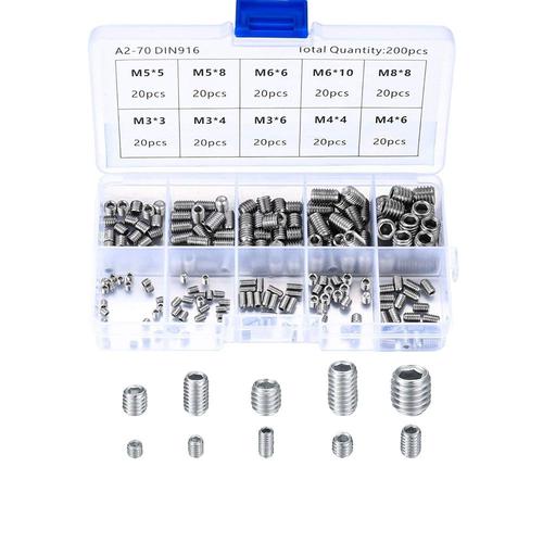 200 Pièces Vis Sans Tête en Acier Inox, M3 M4 M5 M6 M8 Vis à Métaux, Assortiment Kit de Fixations Vis Pointeau