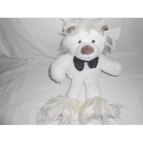 Doudou Peluche Lion Felin Blanc Poils Longs Glitter Histoire D'ours Ho2791 Ho 2791 Noeud Papillon Noir