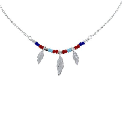 Les Poulettes Bijoux - Collier Argent Rhodié Petite Plume Et Perles Bleu Rouge Turquoise