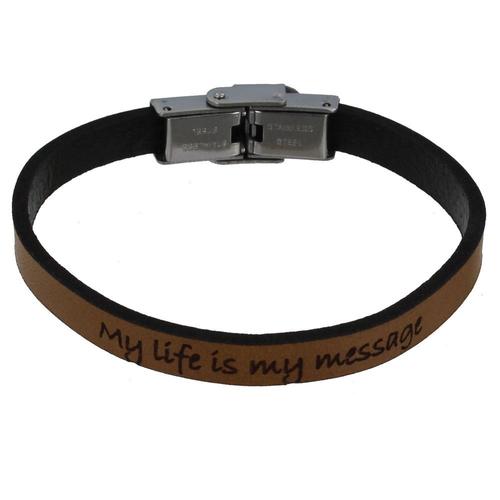 Les Poulettes Bijoux - Bracelet Enfant Cuir Marron Clair "My Life Is My Message