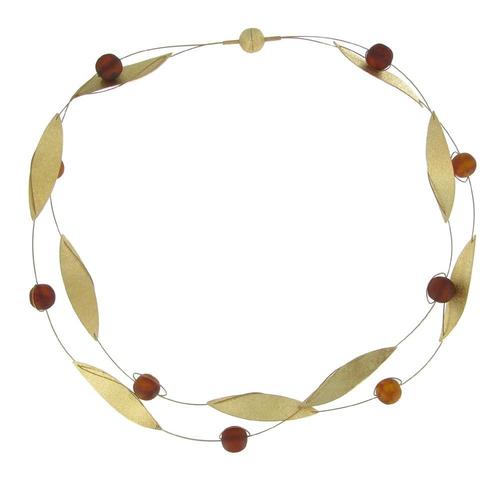 Les Poulettes Bijoux - Collier Vermeil Feuilles Et Perles D'ambre Cognac