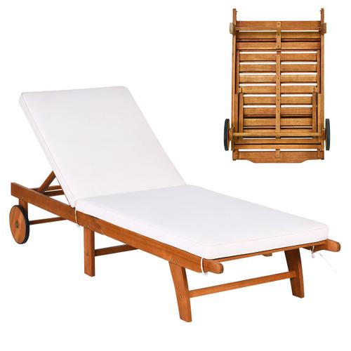 Chaise Longue Pliable En Bois Avec 2 Roues Et Un Coussin Amovible Dossier Réglable Capacité Portante 160 Kg Idéal Pour L Extérieur Helloshop26 20_0005014