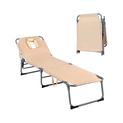 Chaise Longue Pliante Avec Appuie-Tête Et Cavité Faciale Dossier Réglable À 5 Positions Pour La Terrasse Le Camping 150 Kg Beige Helloshop26 20_0005016