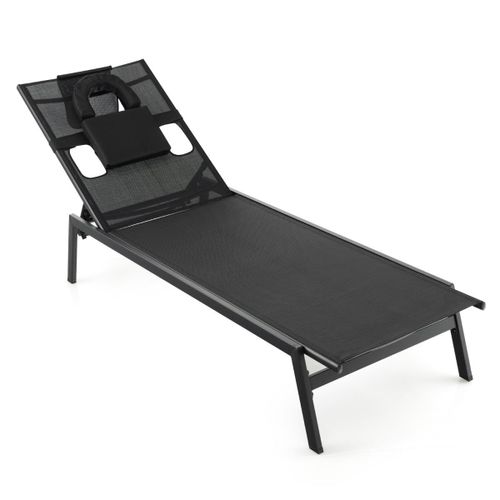 Chaise Longue D'extérieur En Fer Avec 1 Face Et 2 Trous Latéraux 5 Positions De Dossier Appui-Tête Amovible 150 Kg Noir Helloshop26 20_0005013