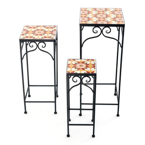 Lot De 3 Supports Pots De Fleurs Plateau En Céramique À Motifs Mosaïque Patin Antidérapant Porte Plante En Métal Jaune Helloshop26 20_0005265