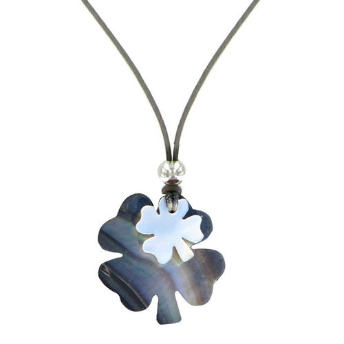 Les Poulettes Bijoux - Collier Deux Trèfles Porte Bonheur Nacre Lien Gris - Classics