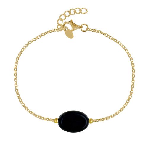 Les Poulettes Bijoux - Bracelet Plaqué Or Pierre Ovale D'agate Noire