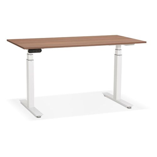 Bureau Assis Debout Électrique 'tronik' Blanc Avec Plateau En Bois Finition Noyer - 140x70 Cm