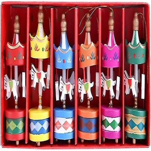 Coffret À Musique En Bois Avec Carrousel À Cheval Vintage - 6 Mini Pendentifs En Forme D'arbre De Noël