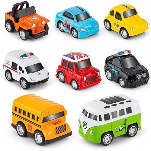 Ensemble De Voitures À Tirer En Métal ¿ Lot De 8 Mini Voitures Miniatures Moulées Sous Pression, Y Compris Une Voiture De Police, Un Autobus Scolaire Et Plus Encore