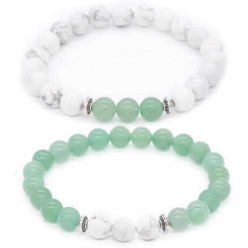 Bracelets Pour Couples Longue Distance - Perles En Howlite Et Pierre Naturelle De 8 Mm - Ensemble De 2, 7,5