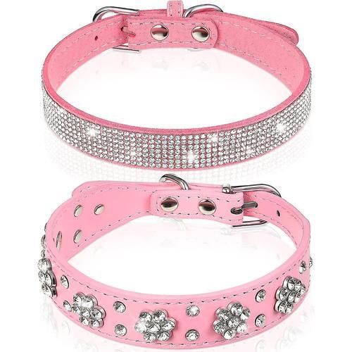 Ensemble De Collier Pour Chien En Cuir Pu Clouté À Motif De Fleur En Strass Rose