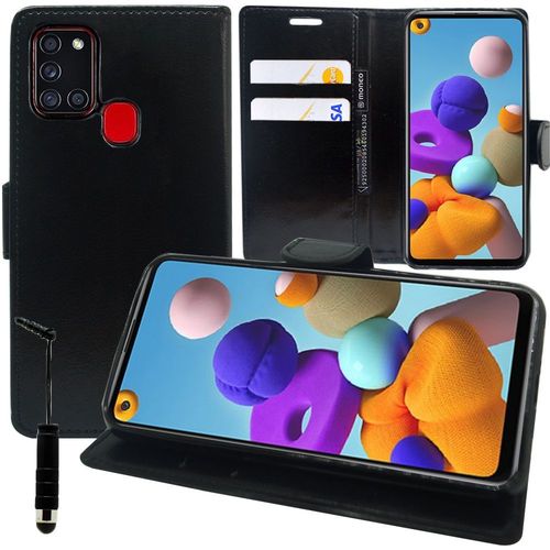 Etui Portefeuille Pour Samsung Galaxy A21s 6.5" Support Video Cuir Pu - Noir + Mini Stylet
