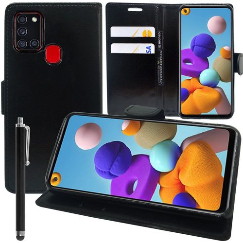 Etui Portefeuille Pour Samsung Galaxy A21s 6.5" Support Video Cuir Pu - Noir + Stylet