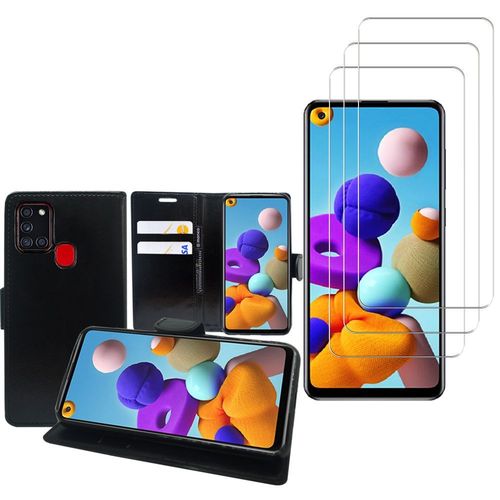 Etui Portefeuille Pour Samsung Galaxy A21s 6.5" Support Video Cuir Pu - Noir + 3 Films Verre Trempé - Transparent