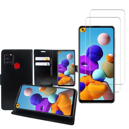 Etui Portefeuille Pour Samsung Galaxy A21s 6.5" Support Video Cuir Pu - Noir + 2 Films Verre Trempé - Transparent