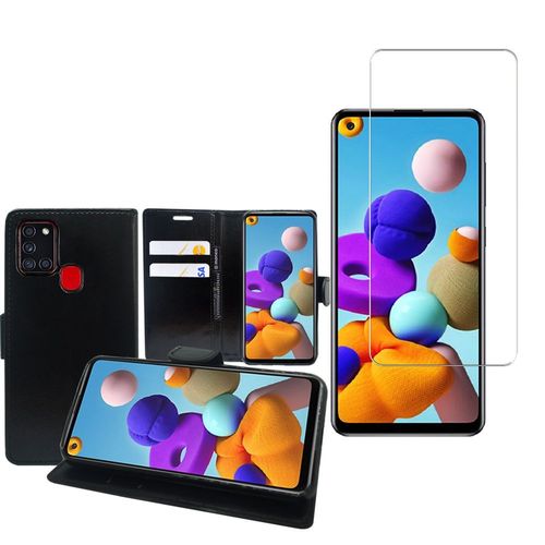 Etui Portefeuille Pour Samsung Galaxy A21s 6.5" Support Video Cuir Pu - Noir + 1 Film Verre Trempé - Transparent