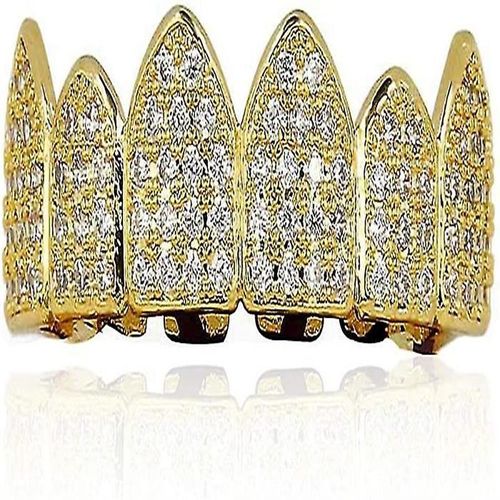 Grillz Glacé Macro Pave Cz Plaqué Or 18 Carats Avec Barres De Moulage Supplémentaires