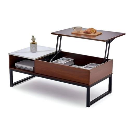 Table Basse Relevable - Aspect Chêne Stable Et Marbre, Marron,110*50*41cm