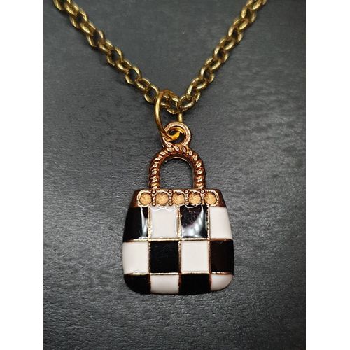 Collier Fantaisie "Sac À Main" Damier Noir Et Blanc