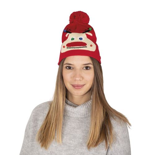 Bonnet Lumineux Noël Rouge Renne Rudolphe Adulte