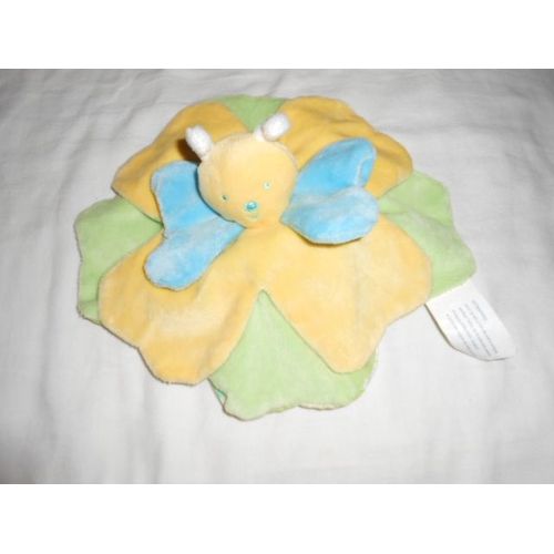 Doudou Kimbaloo La Halle Bleu Jaune Vert Fleur Papillon Abeille Tissu Petale