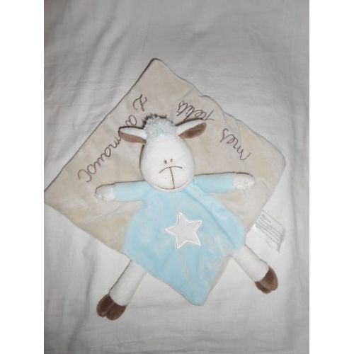 Doudou Peluche Mouton Agneau Kimbaloo La Halle Plat Carré Crème Blanc Beige Ecru Gris Bleu Mes P'tits Petits Z'animaux Etoile Blanche
