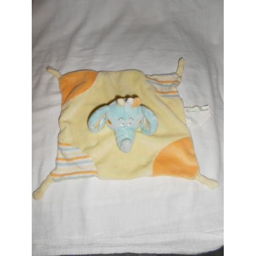 Doudou Éléphant Bleu Jaune Orange Rayé Kimbaloo La Halle Plat Carre 4 Noeuds