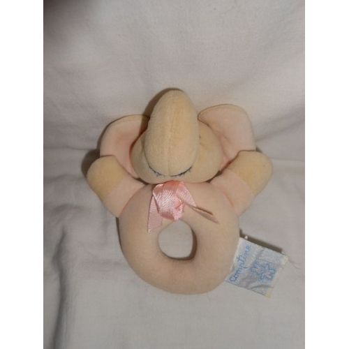 Doudou Hochet Elephant Comptine Amtoys Ruban Rose Beige Creme Ecru Grelot Anneau