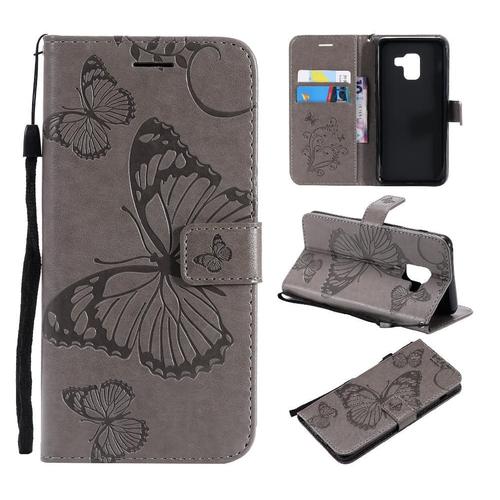 Flip Étui Pour Samsung Galaxy A8 2018 Couverture Antichoc Couverture Magnétique Avec Support De Fente Pour Carte Flip Kickband Cuir Pu - Gris Clair