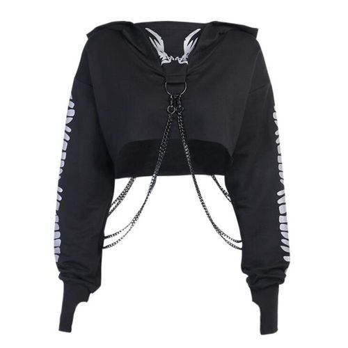 Expédié De Paris - Capuche Protection Pull Sweat Veste Top Noir Punk Ailes Os Rock Punk Gothique Crane Tete Mort Femme Fille Gothique Motard Biker Manche Long