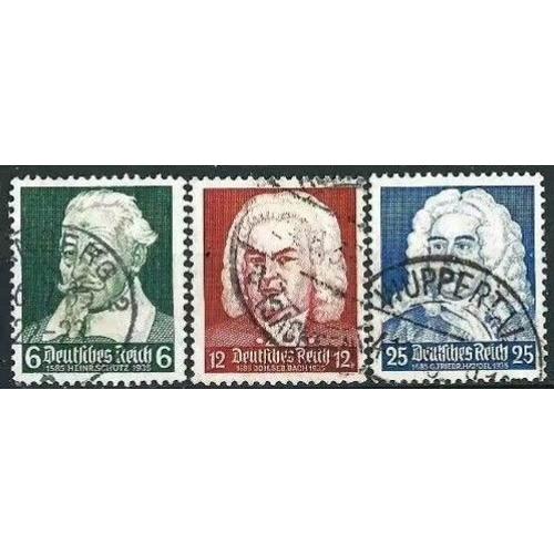 Allemagne, 3ème Reich 1935, Belle Série Timbres Yvert 532, 533, 534, 350 Ans De La Naissance Compositeur Schütz Et 250 Ans De La Naissance De J.S. Bach Et Haendel, Oblitérés Tbe -