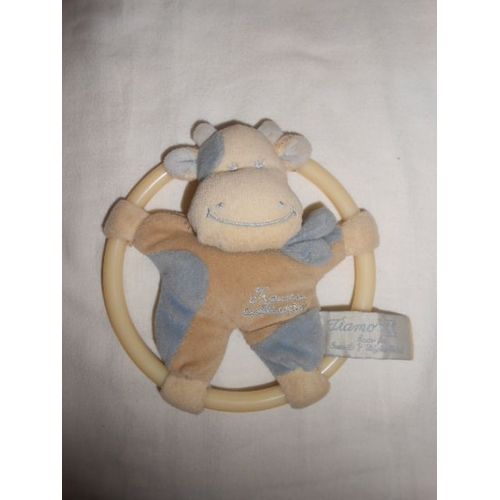 Peluche Doudou Vache Hippopotame Charly Et Cie Tiamo Bleu Beige Ecru Marron Creme Echarpe Sur Anneau Plastique Rond Hochet Grelot