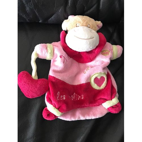 Doudou Plat Marionnette Baby Nat Vache Nina Adore Les Câlins Rose Coeur 23cm