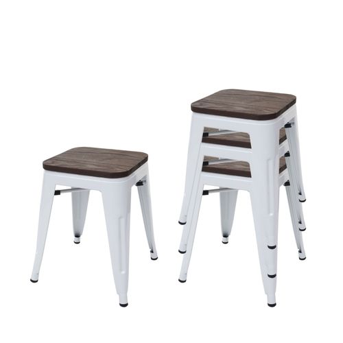 4x Tabouret Hwc-A73, Avec Siège En Bois, Métal, Style Industriel, Empilable    Blanc