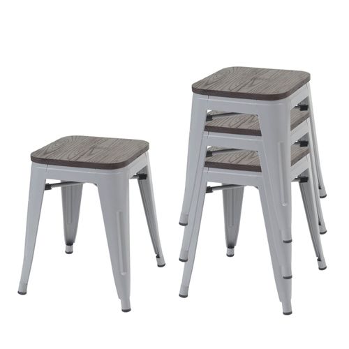 4x Tabouret Hwc-A73, Avec Siège En Bois, Métal, Style Industriel, Empilable    Gris
