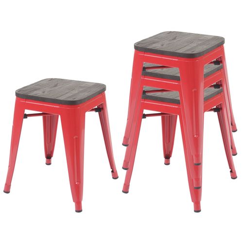 4x Tabouret Hwc-A73, Avec Siège En Bois, Métal, Style Industriel, Empilable    Rouge