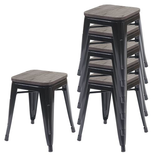 6x Tabouret Hwc-A73, Avec Siège En Bois, Métal, Style Industriel, Empilable    Noir