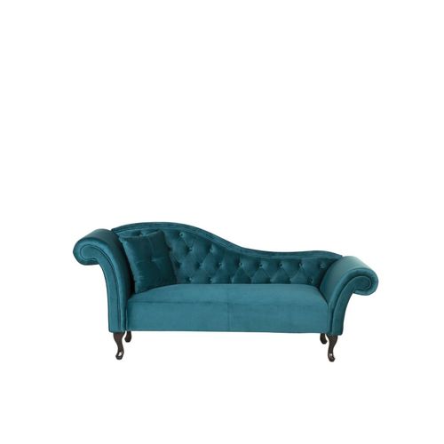 Chaise Longue En Velours Bleu Paon Côté Gauche Lattes